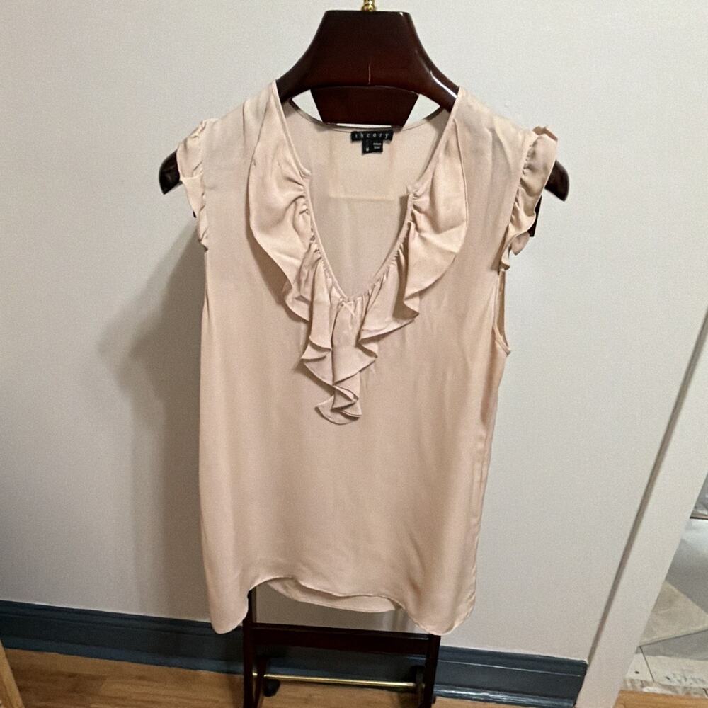 Theory Women’s Beige Solid Ruffle V-Neck Sleeveless Blouse Top Size M